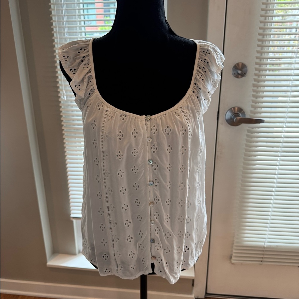 Lovestitch White and Tan Ruffled Cap Sleeve Blouse